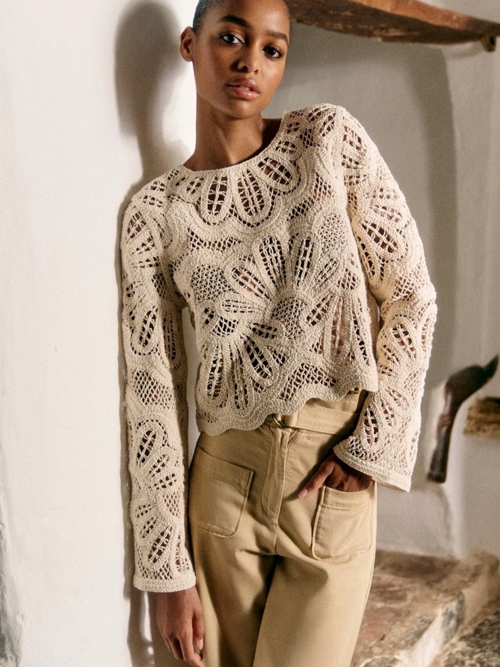 New Sezane Olie Guipure Lace Crochet Knit Ecru Top Medium NWT - Picture 3 of 5